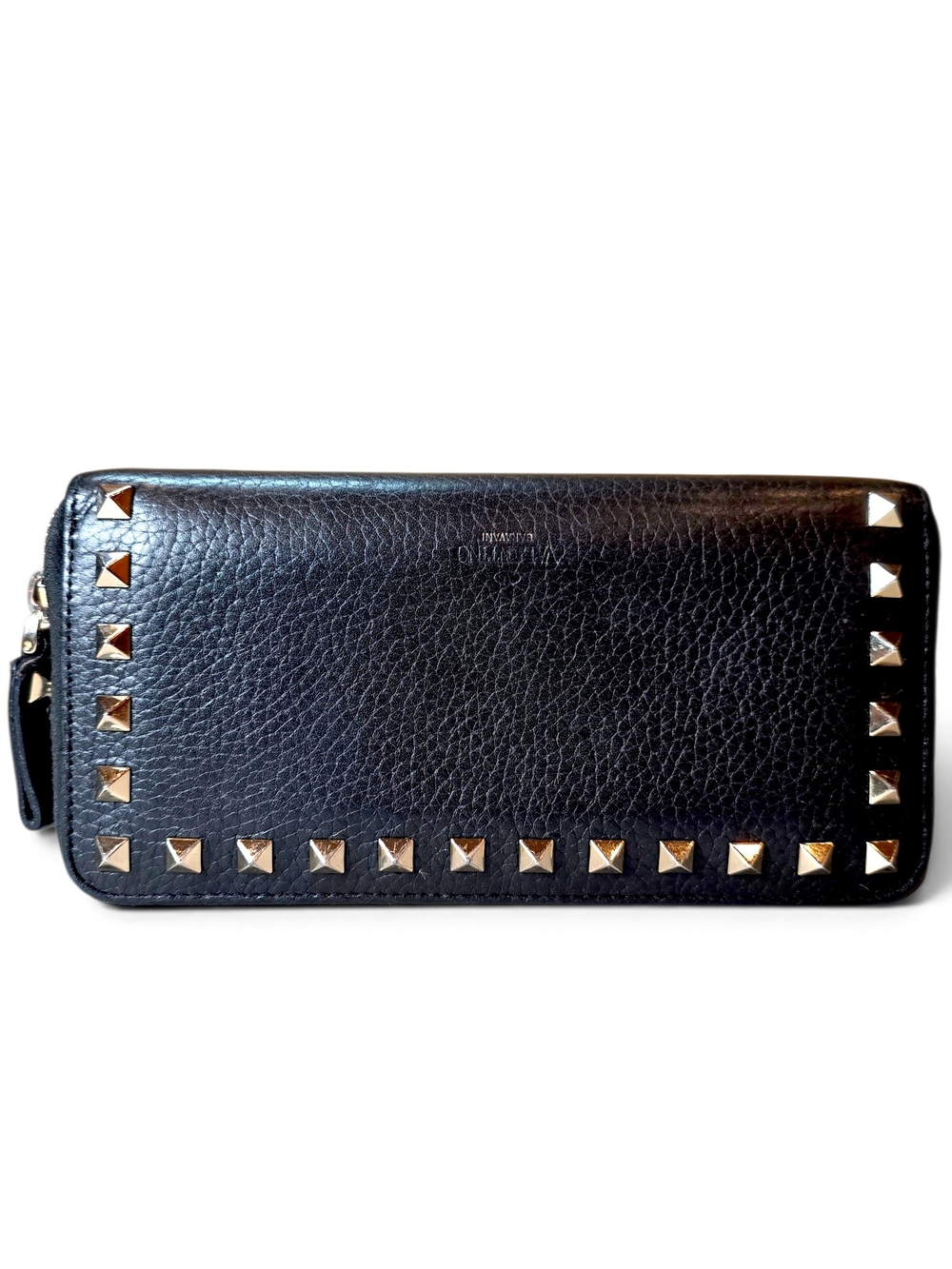 Valentino Garavani Black Leather Rockstud Zip Wallet with Gold Studs